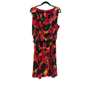 Drape Neck Belted Black Orange & Pink Print Midi Dress - Plus 20W - Office